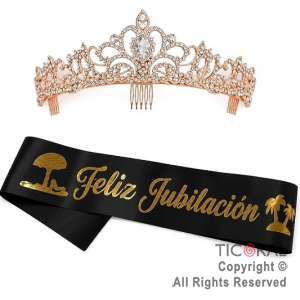 SET VINCHA Y BANDA FELIZ JUBILACION NEGRO Y ROSA GOLD